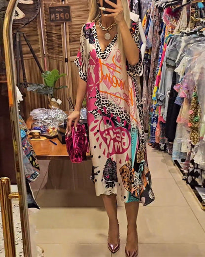 Casual leopard and colorful print deep V dress casual dresses spring summer