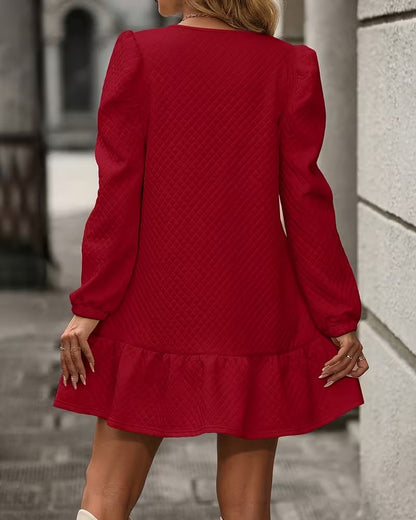 Solid Color Puff Sleeve Waffle Dress