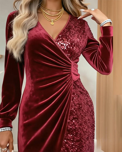 Sexy V-Neck Sequined Velvet Dress