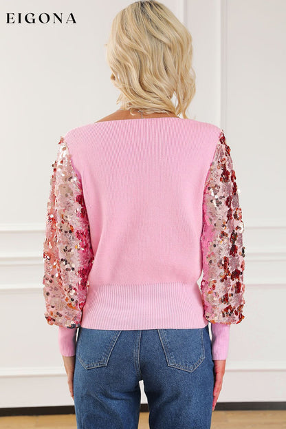Pink Contrast Sequin Sleeve V Neck Ribbed Knit Sweater All In Stock clothes Color Pink Craft Sequin Day Valentine's Day Fabric Ribbed long sleeve shirt long sleeve shirts long sleeve top long sleeve tops Occasion Daily Print Solid Color Season Fall & Autumn shirt shirts Style Southern Belle Sweater sweaters Sweatshirt top tops
