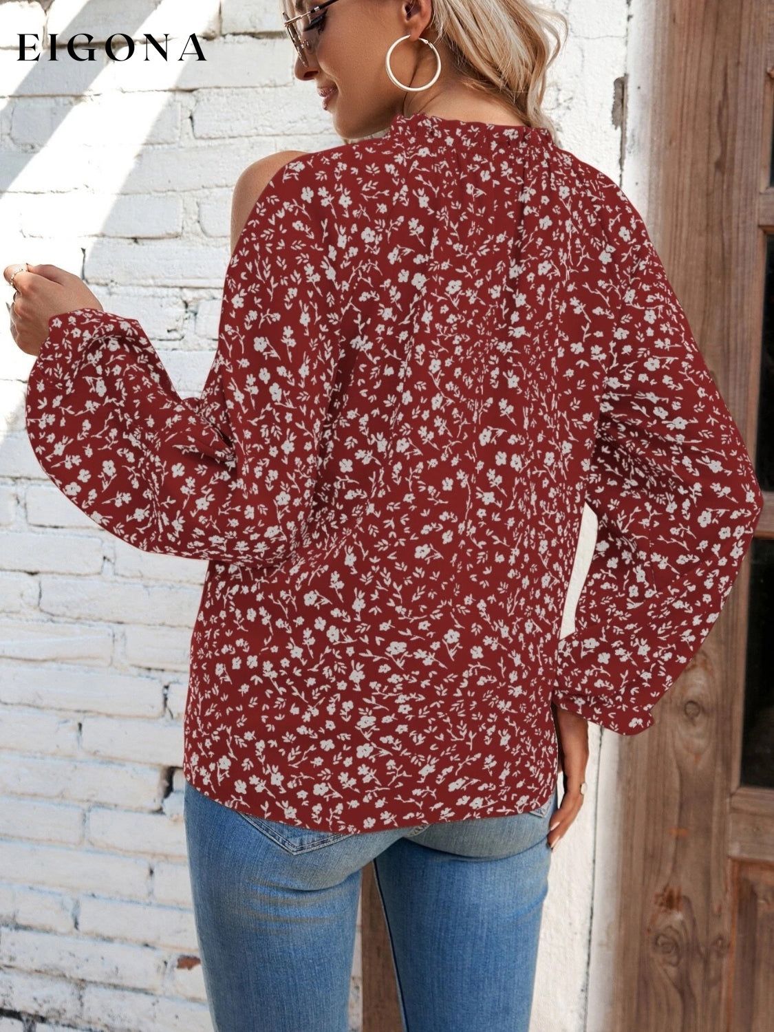 Floral Cold-Shoulder Blouse blouse clothes G@S long sleeve shirt Ship From Overseas Shipping Delay 09/29/2023 - 10/04/2023 shirts