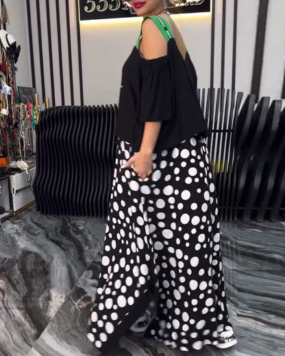 Lässiges Hosenträger-Patchworkkleid mit Punkten