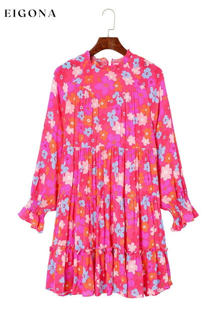 Multicolour Floral Bubble Sleeve Tiered Babydoll Dress All In Stock casual dresses clothes Color Pink dress dresses long sleeve dress long sleeve dresses Occasion Daily Print Floral Season Spring short dresses Silhouette A-Line Style Southern Belle