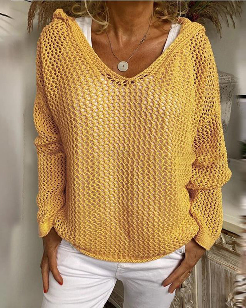 Dames Crochet Hollow Out Hooded Long Sleeve Tops