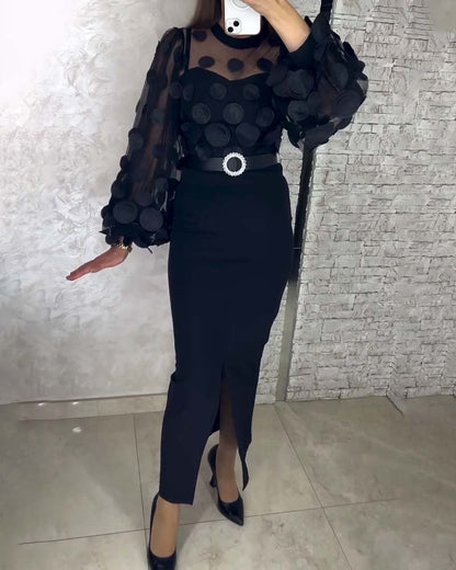 French-Style Lantern Sleeve Fitted Dress