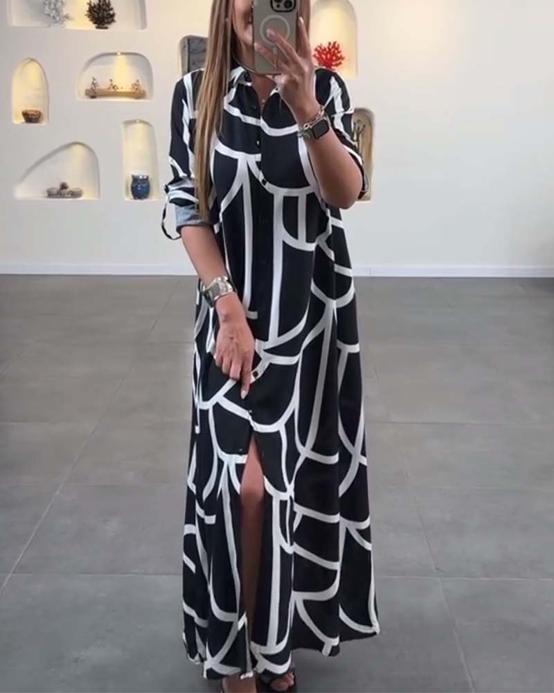 Contrast printed lapel long slit dress casual dresses spring summer