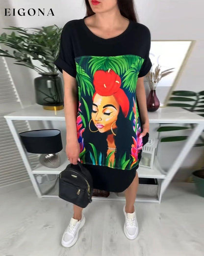 Portrait Printed Round Neck Dress casual dresses spring summer