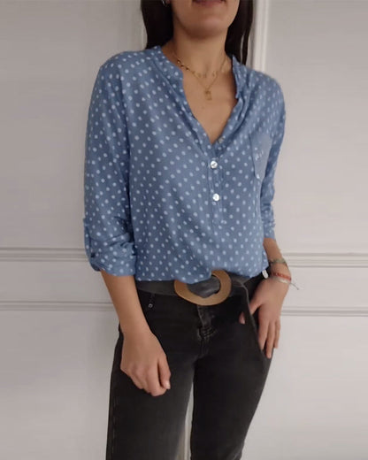 V-neck button-down polka dot print top 2024 f/w blouses & shirts spring