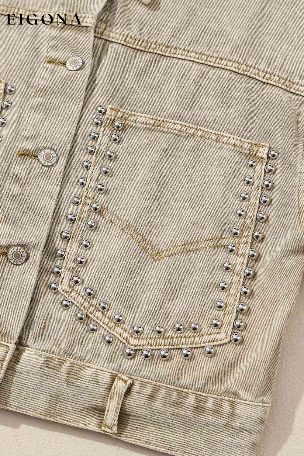 Studded Collared Neck Denim Jacket with Pockets clothes Jackets & Coats Ship From Overseas SYNZ