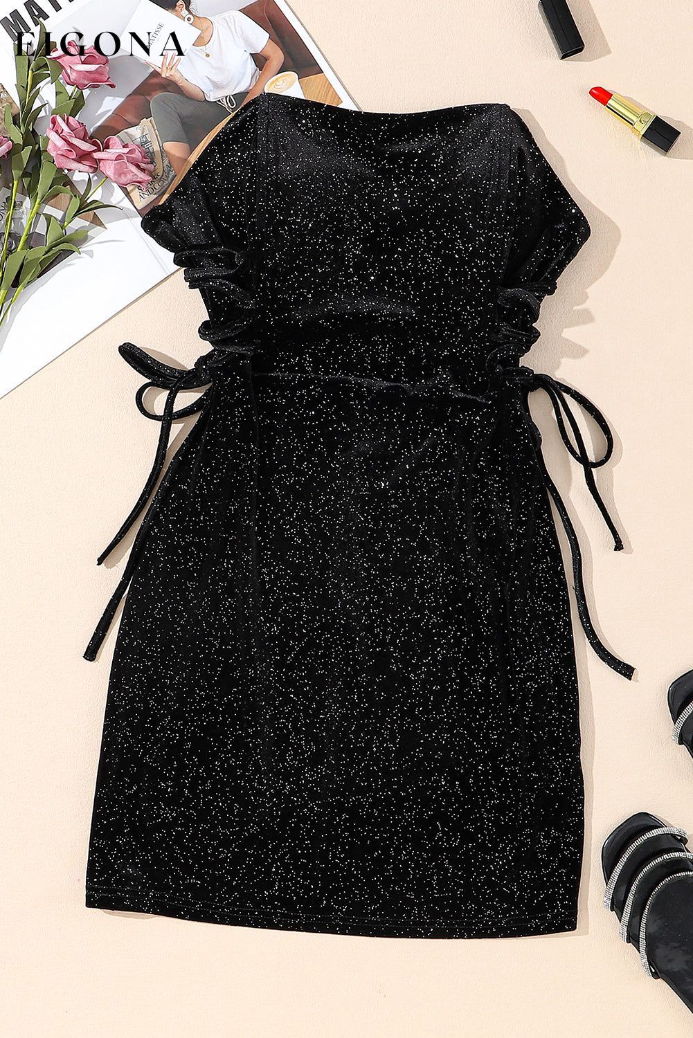 Black Velvet Sequin Lace-Up Tube Mini Dress All In Stock clothes Craft Sequin dress dresses Fabric Velvet formal dress formal dresses Occasion Night Out Print Solid Color Season Fall & Autumn short dresses Silhouette Bodycon Style Elegant