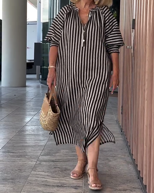 Puff Sleeve Button Slit Striped Dress