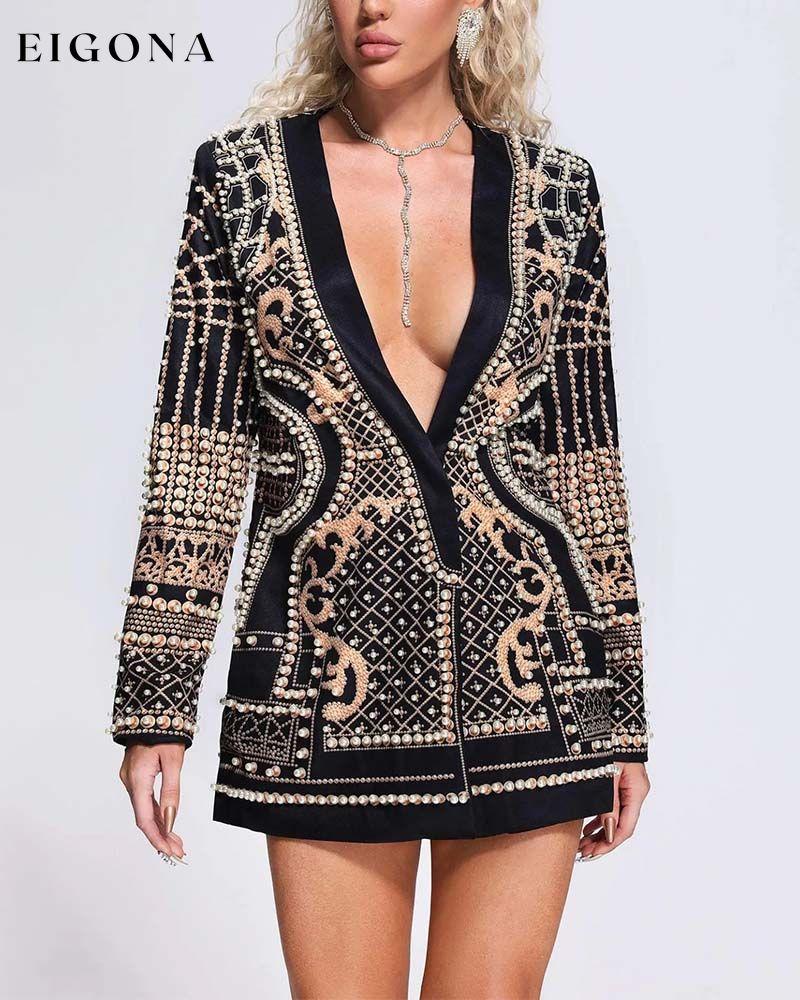 Printed beaded long-sleeved dress casual dress chic spring summer