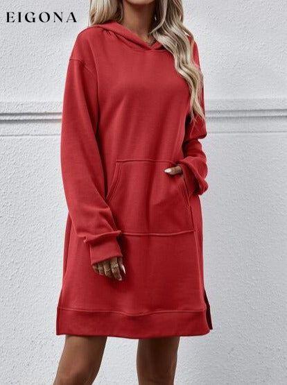 Slit Long Sleeve Hooded Dress with Pocket Deep Red Changeable clothes Ship From Overseas