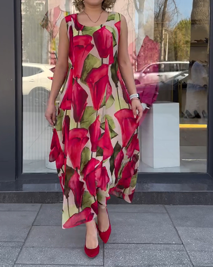 Ärmelloses, bedrucktes Kleid mit U-Ausschnitt