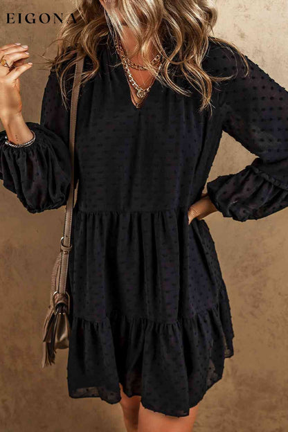 Swiss Dot V-Neck Ruffle Trim Mini Tiered Long Sleeve Dress casual dresses clothes dress dresses long sleeve dress long sleeve dresses Ship From Overseas short dresses SYNZ