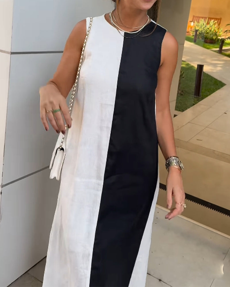 Ärmelloses Colorblock-Kleid aus Baumwolle und Leinen
