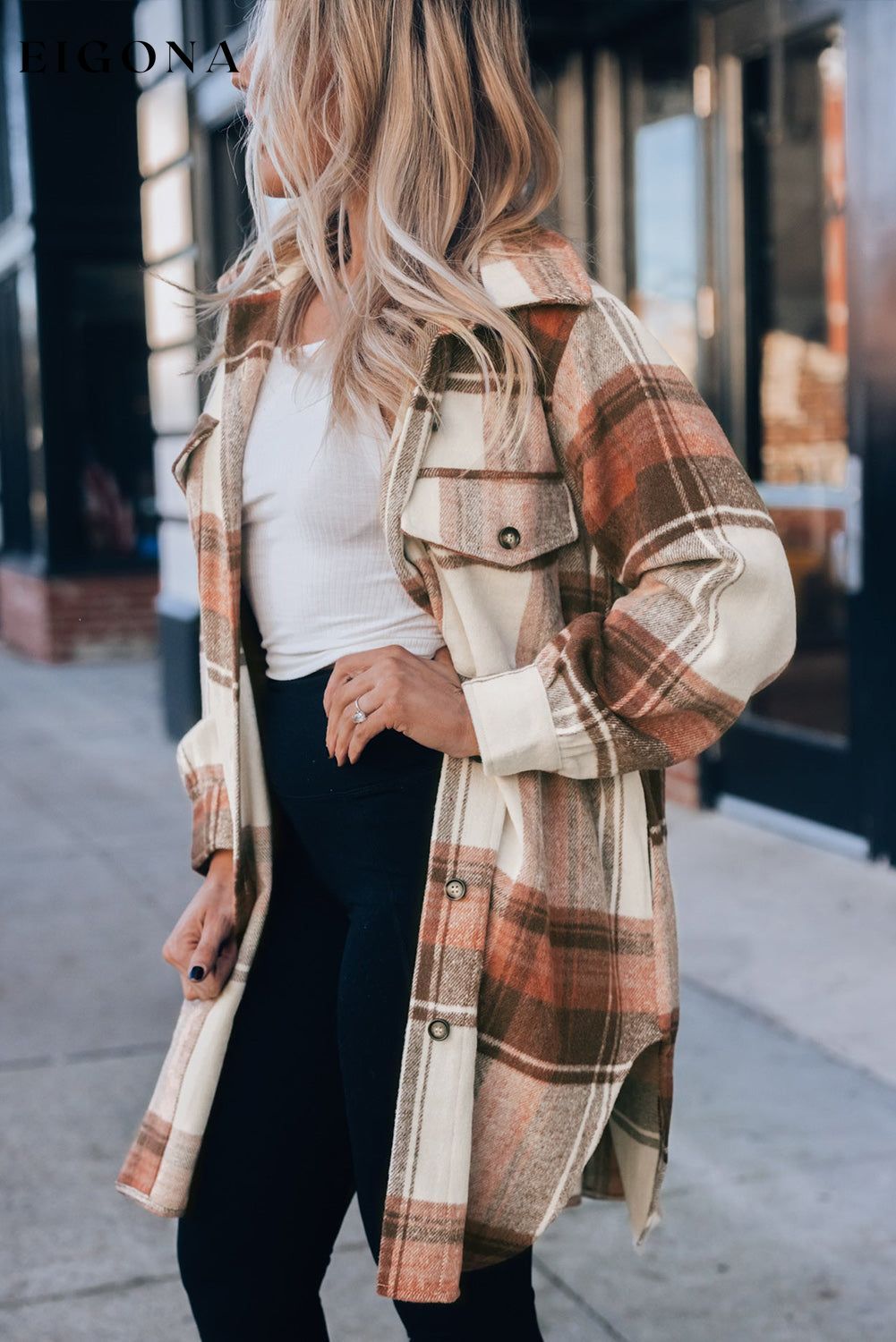 Brown Plaid Print Flap Pockets Long Shacket All In Stock Category Shacket clothes DL Exclusive DL Out West Fall To Winter Hot picks jacket Jackets & Coats Occasion Daily Print Plaid Season Winter Style Casual