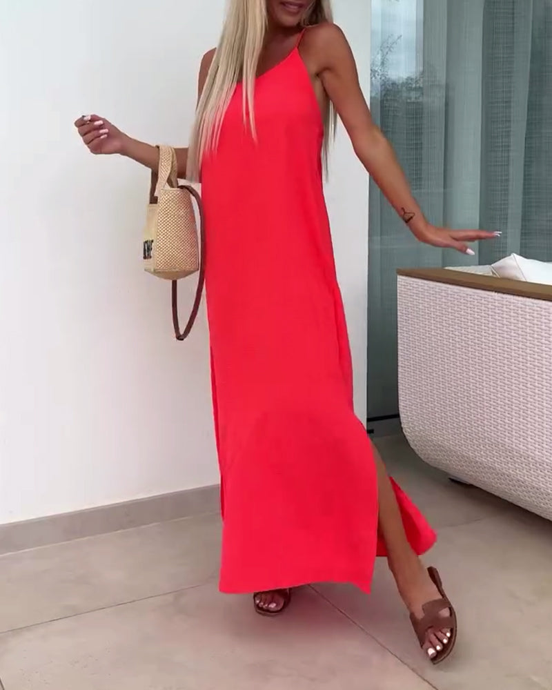 Sleeveless Strapless Solid Color Slit Dress