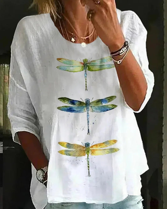 Casual dragonfly print three-quarter sleeve top 202466 blouses & shirts spring summer