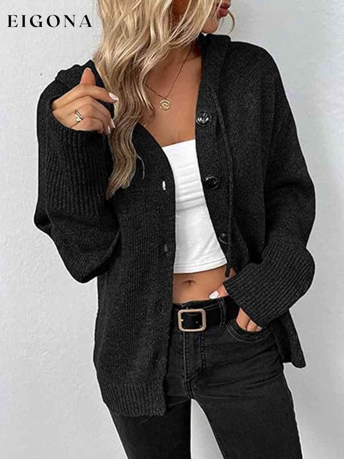 Button Up Drawstring Long Sleeve Hooded Cardigan Black clothes Ship From Overseas Y*X