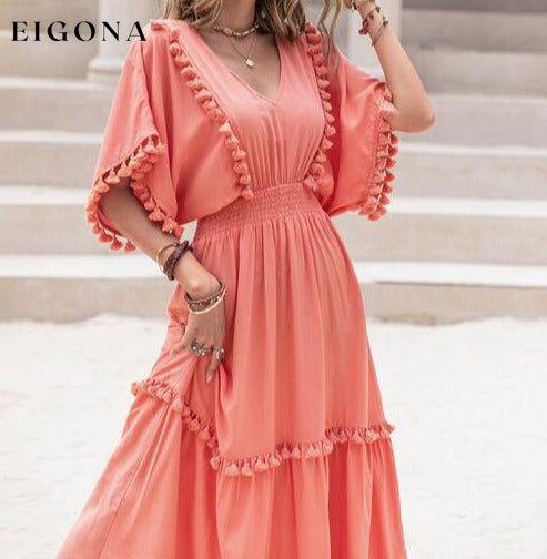 Tassel Trim Smocked V-Neck Short Sleeve Maxi Dress Coral casual dresses clothes dress dresses H.R.Z long sleeve dress maxi dress Ship From Overseas short dress short sleeve short sleeve dress short sleeve dresses