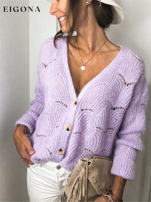 Openwork Button Up Long Sleeve Cardigan Lavender A@Y@M cardigan cardigans clothes Ship From Overseas sweater sweaters Sweatshirt