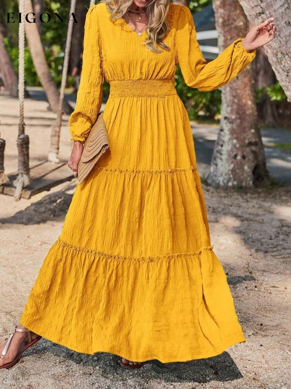 Smocked Waist V-Neck Maxi Dress Mustard clothes dress dresses G@S long dress maxi dress Ship From Overseas Shipping Delay 09/29/2023 - 10/04/2023