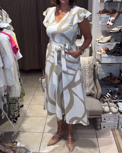 Bedrucktes Kleid mit Rüschenärmeln und V-Ausschnitt