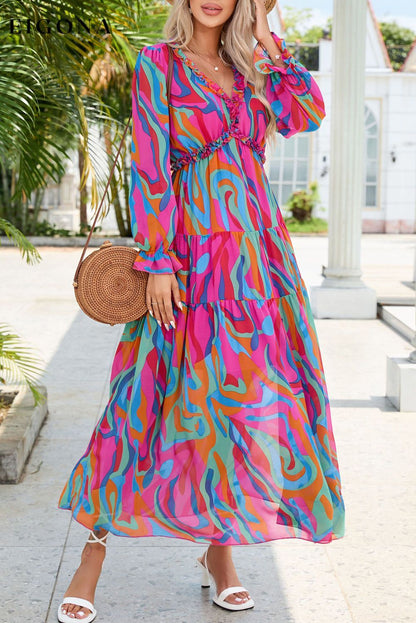 Multicolor Wild Lotus Ruffle Tiered Maxi Dress All In Stock Best Sellers clothes Color Pink Day Valentine's Day dress dresses maxi dress Occasion Wedding Print Abstract Season Spring Silhouette A-Line Style Bohemian