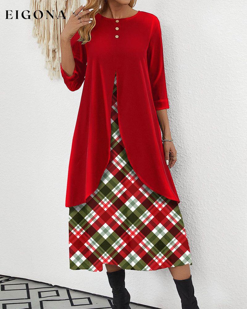 Red fake 2in1 plaid a line velvet dress 2023 f/w 23BF casual dresses christmas Clothes Dresses spring