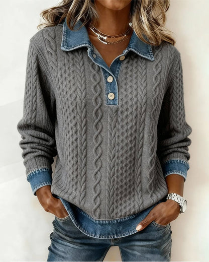 Button Lapel Contrast Casual Sweatshirt