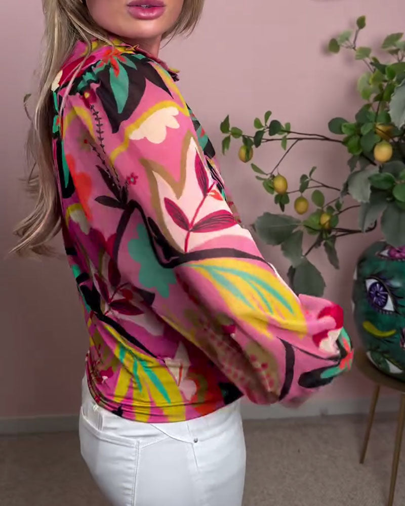 Bunte Bluse mit Laternenärmeln und Stehkragen