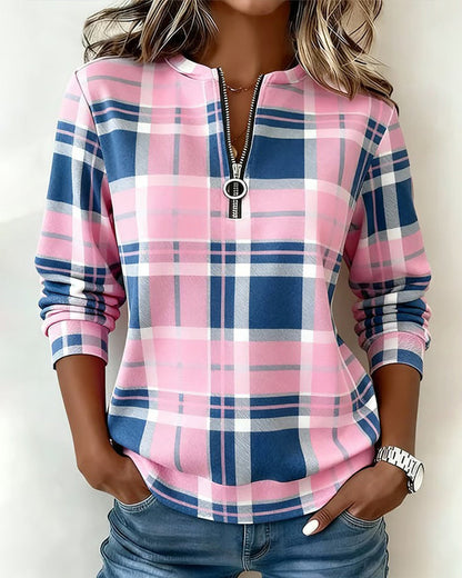 Half-Zip Plaid Long-Sleeved Sweatshirt