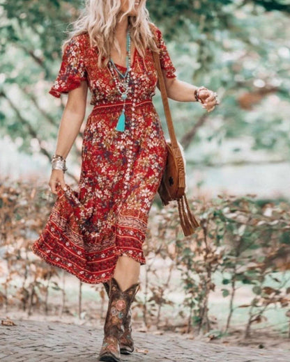 Boho printed short-sleeve slit dress 202466 boho dresses summer