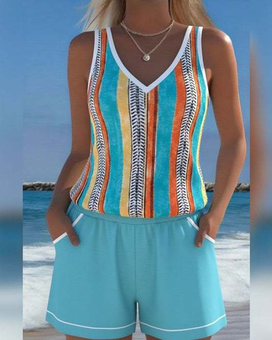 V-Neck Printed Tankini Swimsuit