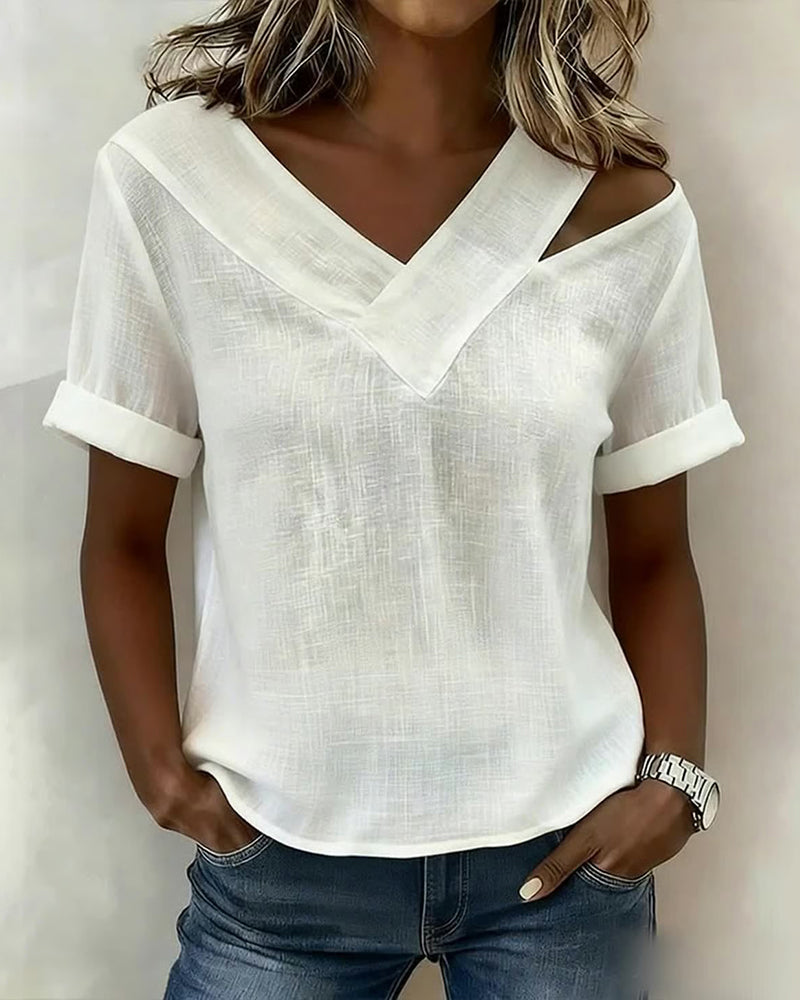 Off-Shoulder V-Neck Solid Short Sleeve Blouse