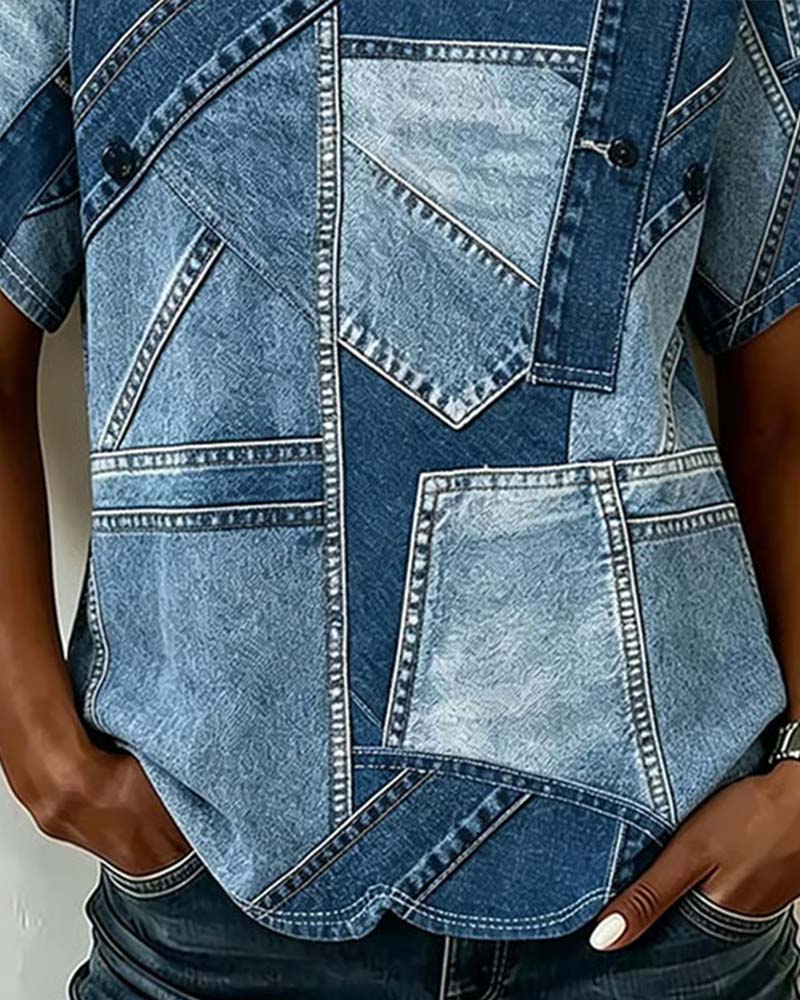 Denim Patchwork Print Short Sleeve T-Shirt