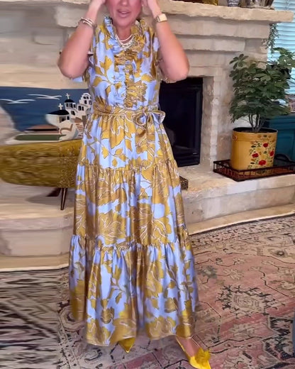 Bedrucktes Maxikleid mit Rüschen und kurzen Ärmeln