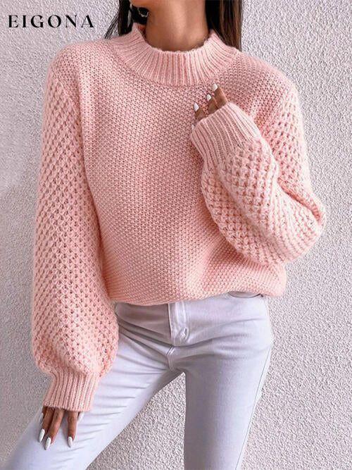 Openwork Mock Neck Long Sleeve Sweater Dusty Pink clothes Ship From Overseas sweater sweaters Sweatshirt X.W
