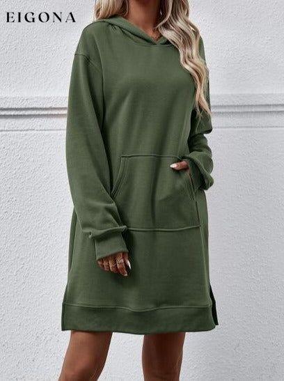 Slit Long Sleeve Hooded Dress with Pocket Army Green Changeable clothes Ship From Overseas