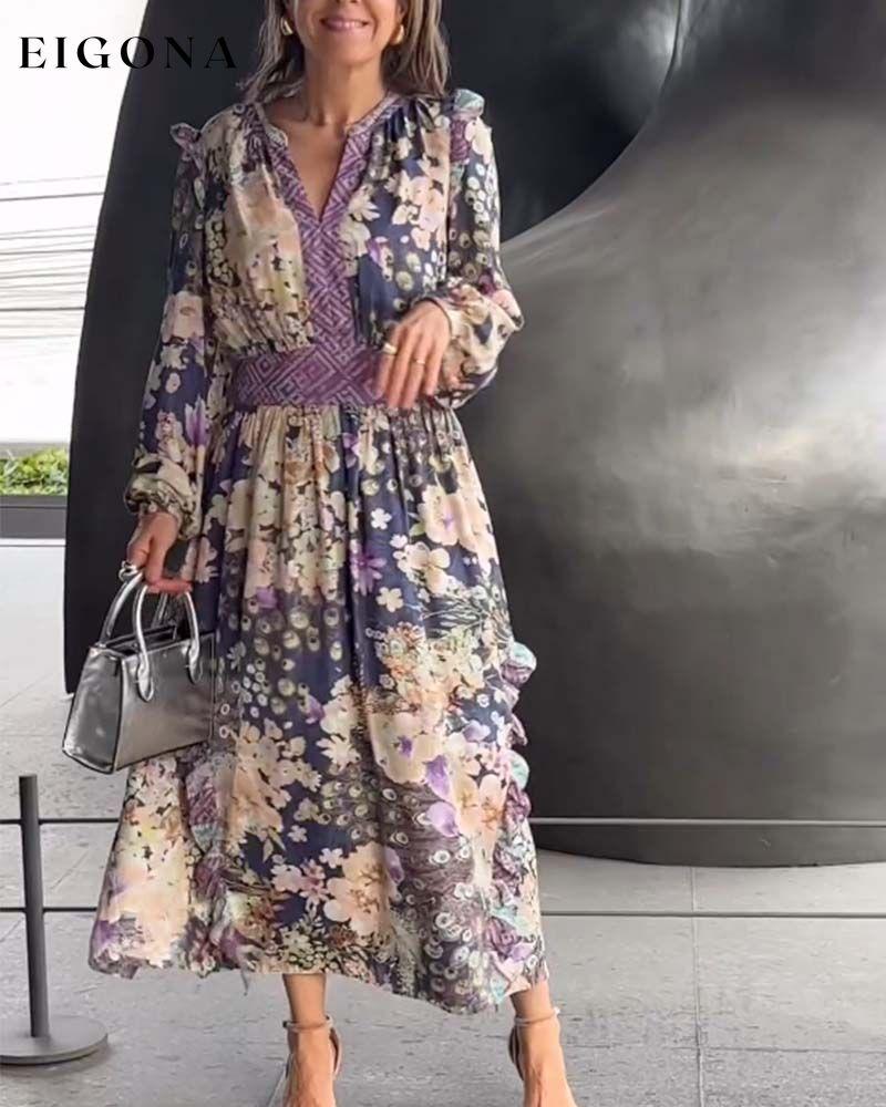 Elegant waisted V-neck floral long dress casual dresses spring summer