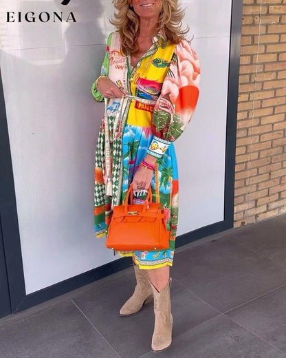 Colorful printed lapel long-sleeved dress casual dresses spring summer