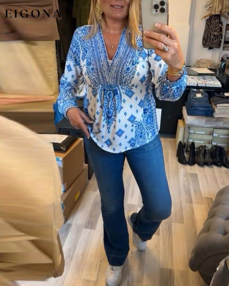 Casual V-neck printed top blouses & shirts spring