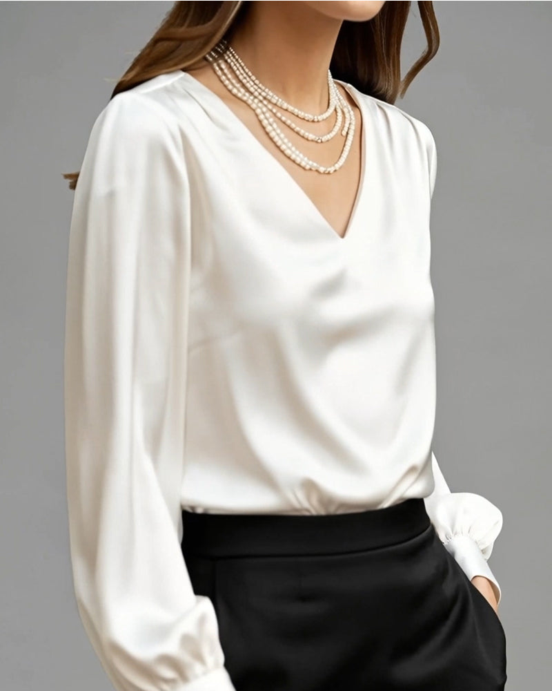 V-Neck Puff Sleeve Solid Color Blouse