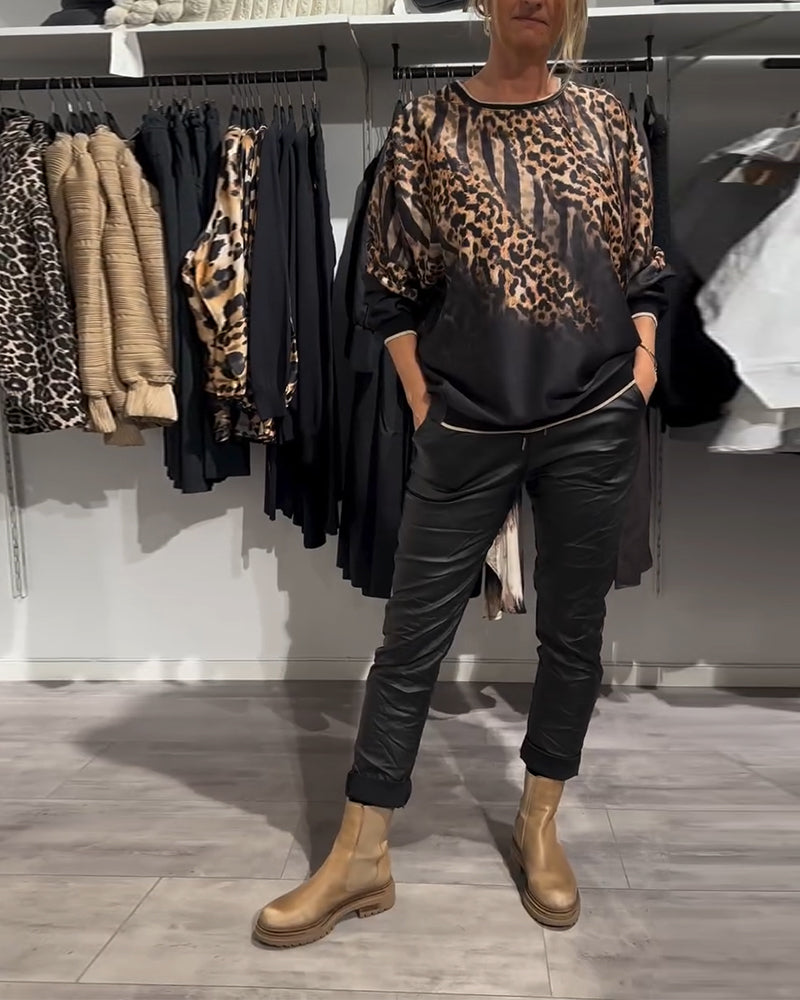 Casual leopard print round neck blouse