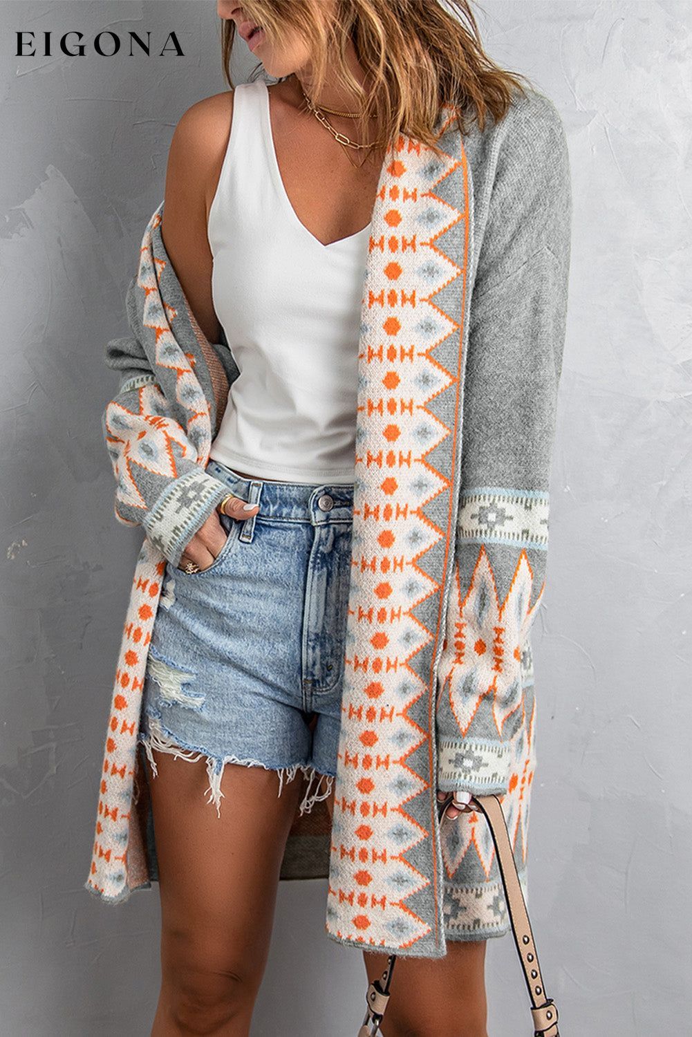 Gray Print Open Front Knitted Cardigan Category duster cardigan clothes DL Chic DL Exclusive EDM Monthly Recomend Hot picks Occasion Daily Print Aztec Season Winter Style Western