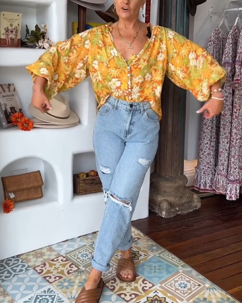 Bluse mit Blumendruck und V-Ausschnitt