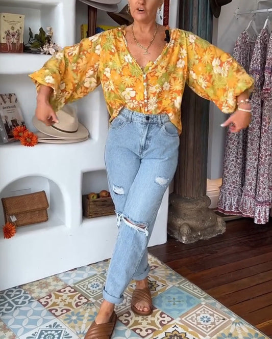 Bluse mit Blumendruck und V-Ausschnitt