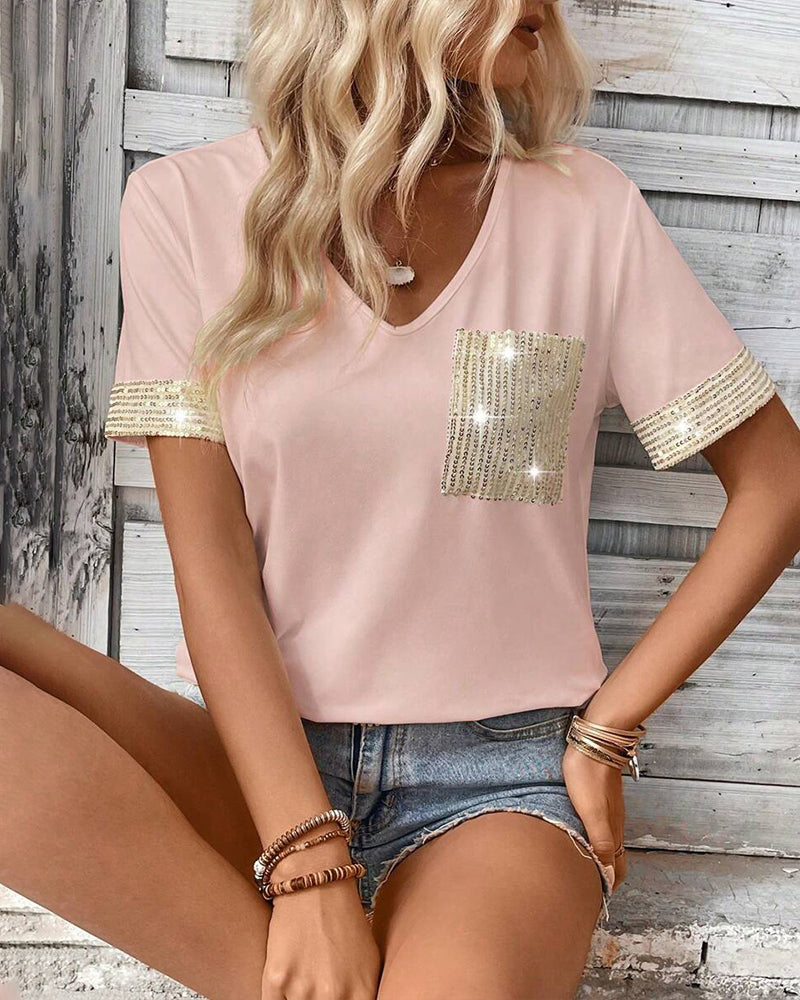 Lässiges Kurzarm-T-Shirt mit V-Ausschnitt und Pailletten