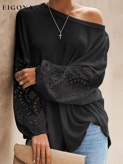 Openwork Dropped Shoulder Boat Neck Blouse Black blouse clothes long sleeve shirts long sleeve top Romantichut Ship From Overseas Shipping Delay 09/29/2023 - 10/04/2023 top tops trend